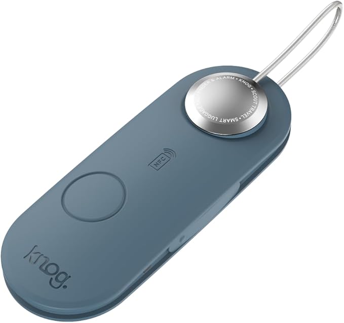 Knog Scout iOS Smart Tag, Tracker & 85d Alarm – Rechargeable Luggage Tag Compatible with iOS App & Apple Find My, Digital Contact Info, Remote Chime, Low Battery Alerts, Water-Resistant, Blue