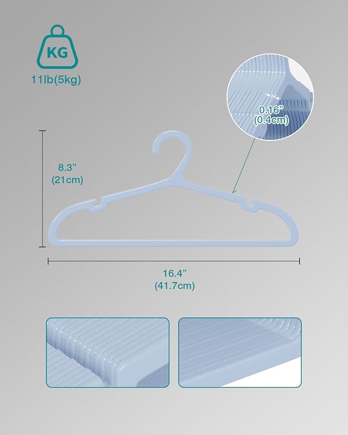 50 Pack Clothes Hangers, Non Slip Plastic Coat Hangers, Space Saving Hangers, Heavy Duty, Hanging Dry Wet Clothes, 16.4" x 8.3", Light Blue, UAPY0550L
