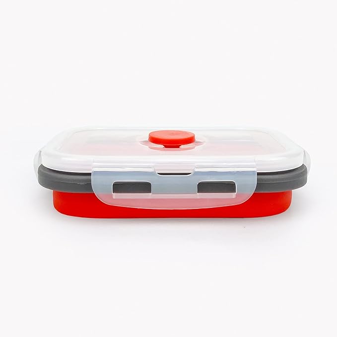 CCyanzi 3piece Collapsible Food Storage Containers with Lids, Silicone Lunch Container, Microwave & Freezer Safe, Space Saving for Kitchen Cabinet and Camping Backpack,(red gray)