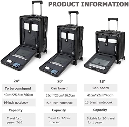feilario 20in Aluminium Frame PC Hard Shell Spinner Wheels Luggage, Built-In TSA lock Carry on Suitcase, with Cup Holder, USB Port, Phone Holder