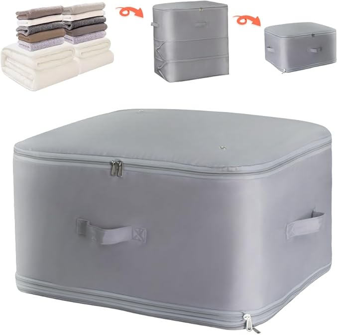 Ultra Space Saving Self Compression Storage Bags with Zipper, （Grey) -Compression Organize for Bedding, Comforter Storage Bag for Blankets Duvet Quilts Pillows