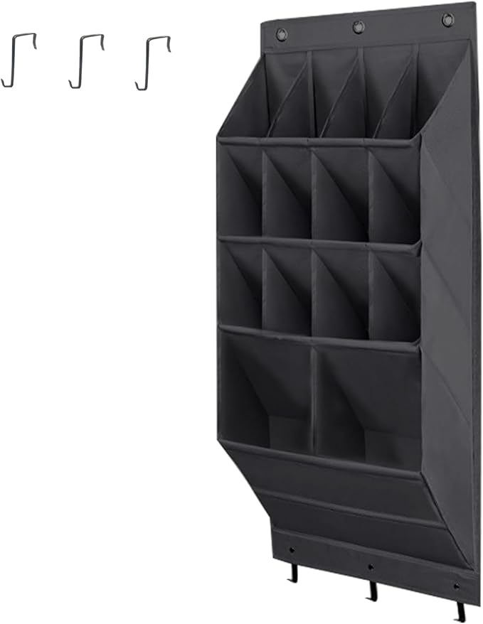 Over the Door Shoe Organizer, 14 Pockets Hanging Shoe Storage Rack with Large Deep Pockets, Oxford 600D Fabric Grey Shoe Storage Rack with 6 hook for Shoes, Slipper,Home Accessories etc