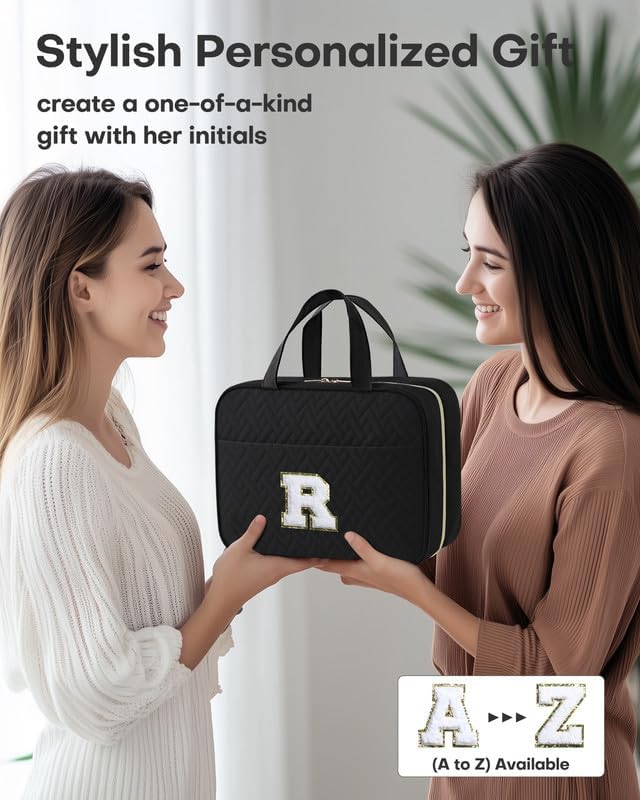 HOTOR Travel Toiletry Bag - Personalized Chenille Initial Makeup Bag, Water-Resistant Personalized Gifts for Women, Portable Travel Accessories & Essentials, Letter R, Black, 11.4"×9.0"×3.35"