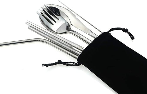 7 Pcs Portable Flatware Set, 304 Stainless Steel Cutlery Set Travel Utensils Set w/Pouch Fork Spoon Chopsticks Straws for Travel Camping Office School, Dishwasher Safe & Eco-Friendly (Silver)