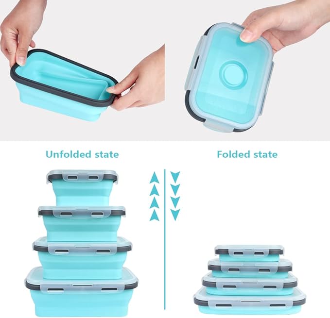 Set of 4 Collapsible Foldable Silicone Food Storage Containers,Ktichen Collapsible Storage Bowls with Airtight Plastic Lids for Leftover, Silicone Lunch Box-Microwave,Dishwasher,Freezer Safe
