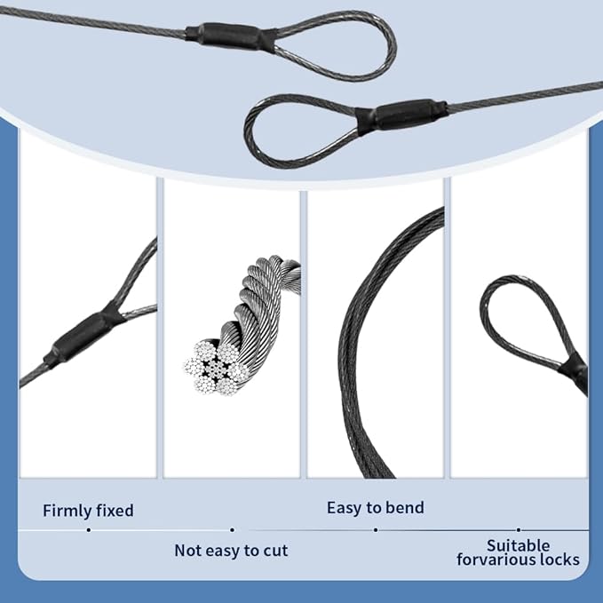 3.3mm Steel Wire Rope Outdoor Travel Security Cable Lock,Braided Steel Coated Safety Cable Luggage Lock,Safety Cable Wire Rope Chain Lock Double Loop Lightweight (Black, 12in/5Pcs)