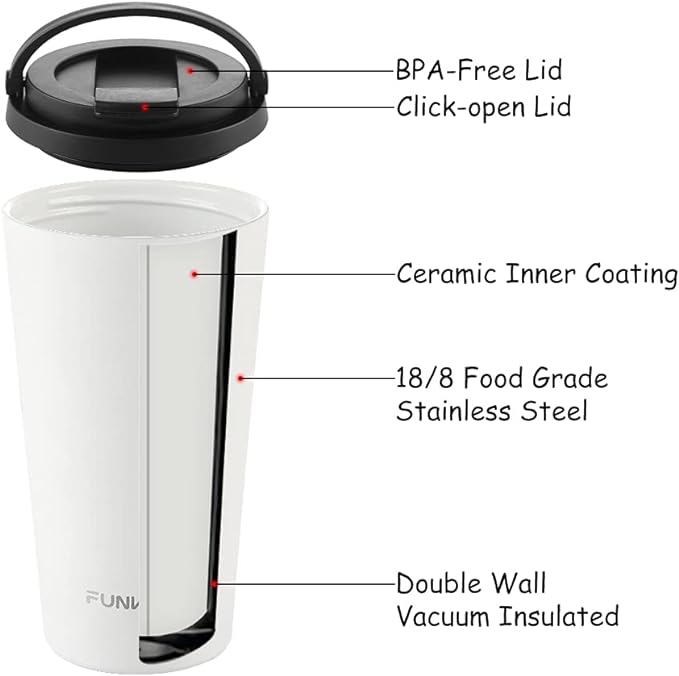 Funkrin Insulated Coffee Mug with Ceramic Coating, 16oz Iced Coffee Tumbler Cup with Flip Lid and Handle, Double Wall Vacuum Leak-Proof Travel Mug for Office School Party Camping