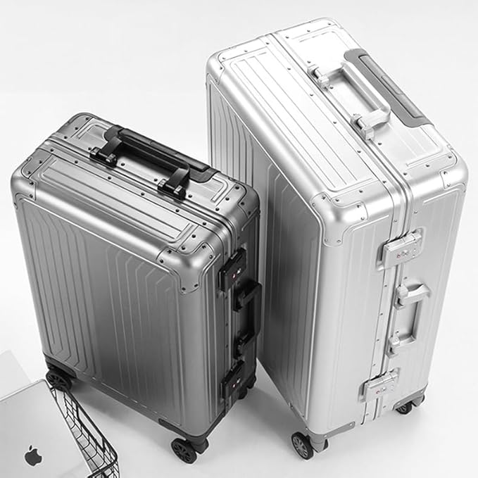 Metal all aluminum carry-on suitcase 20 "hard face, TSA lock and rotating wheel zippered luggage set (black, 24 '')