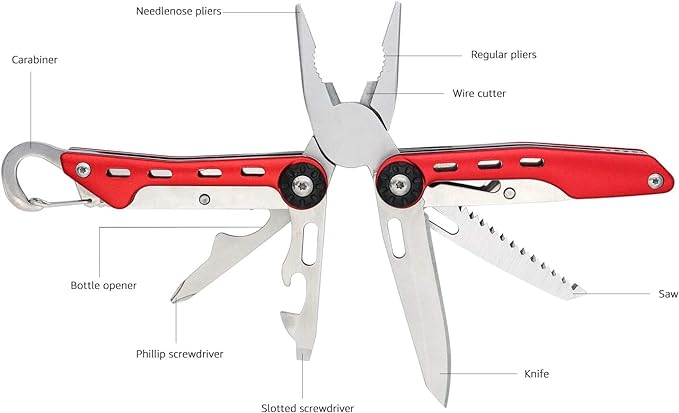 Amazon Basics 10-in-1 Stainless Steel Multitool Safety Lock with Nylon Sheath, Red