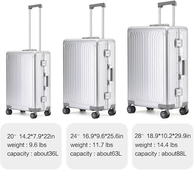 Metal all aluminum carry-on suitcase 20 "hard face, TSA lock and rotating wheel zippered luggage set (blue, 20 '')