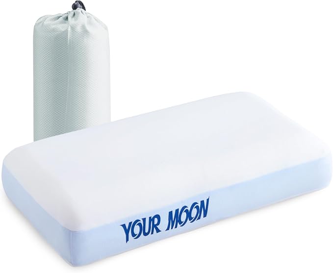 YOUR MOON Memory Foam Travel Pillow, Pure Cotton Cover, Compressible Camping Pillow for Sleeping, Portable Backpacking Support Pillows for Hiking, Car & Airplane (White Blue)