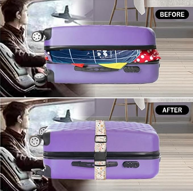 Luggage Straps for Suitcases Travel Belt Accessories, Cute Suitcase Strap, Adjustable Luggage Belt Strap, Heavy Duty with Quick-Release Buckle Luggage Strap Pink Cute Boho Rainbows