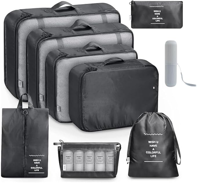 9 Set Packing Cubes for Suitcases, Aydicon Travel Luggage Packing Organizers with Laundry, Toiletry Bag, Compression Storage Shoe Bag, Toothbrush Case, Travel Essentials (Black)