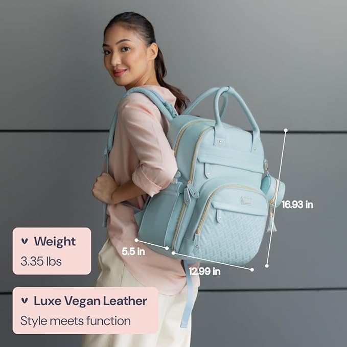 BabbleRoo Leather Diaper Bag Backpack - Baby Essentials Travel Baby Bag, Multi function, Water Resistant, with Changing Pad, Stroller Straps & Pacifier Case – Unisex, Powder Blue
