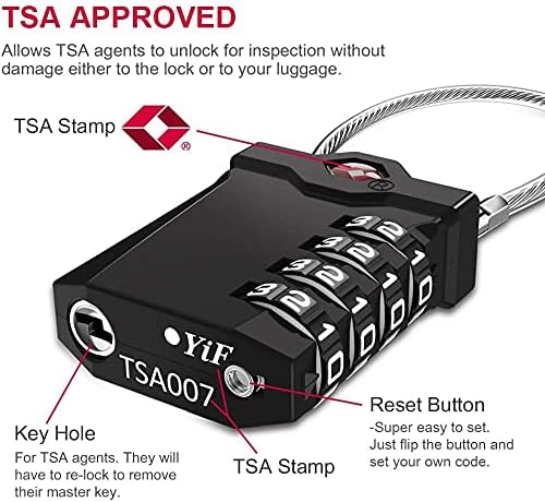 ZHEGE Travel Locks, TSA Approved Locks for Luggage, 4 Digit Cable Lock with Inspection Indicator for Luggage Suitcase, Backpack, Baggage, Easy to Read（4 Pack, Black）