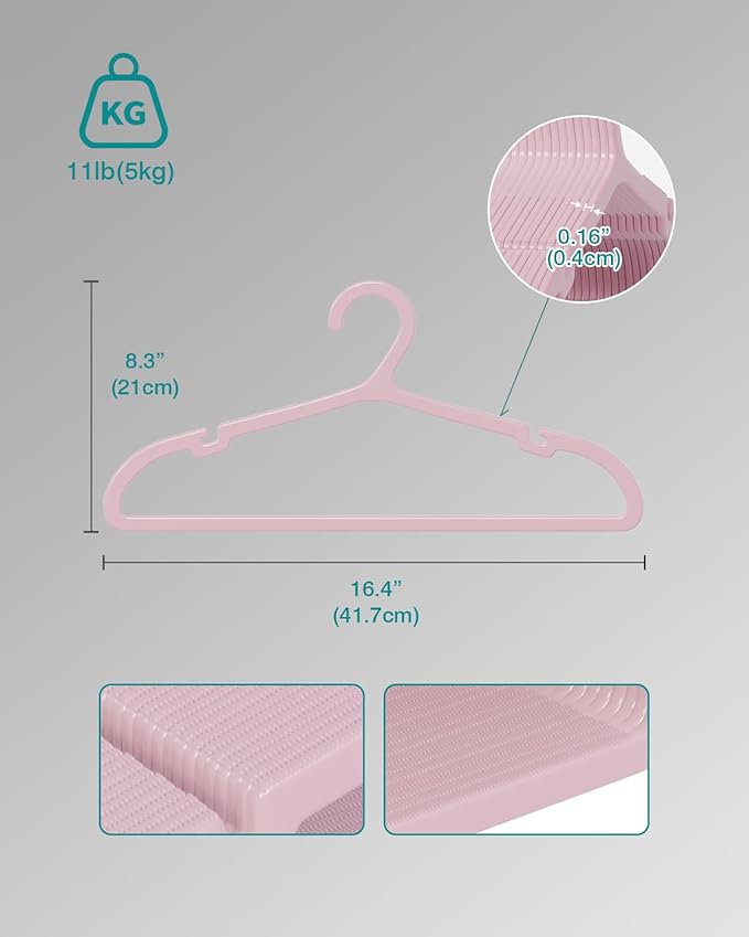 50 Pack Clothes Hangers, Non Slip Plastic Coat Hangers, Space Saving Hangers, Heavy Duty, Hanging Dry Wet Clothes, 16.4" x 8.3", Light Pink, UAPY0550P
