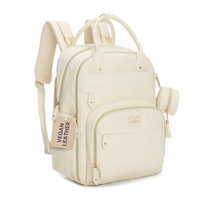 BabbleRoo Leather Diaper Bag Backpack - Baby Essentials Travel Baby Bag, Multi function, Water Resistant, with Changing Pad, Stroller Straps & Pacifier Case – Unisex, Eggshell White