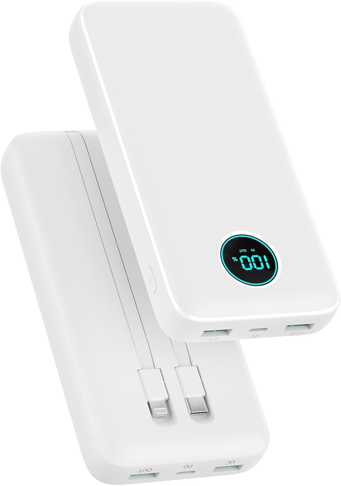Portable Charger 40,800mAh Power Bank, 25W PD QC 4.0 Fast Charging Portable Phone Charger with Built-in Cables,LCD Display USB C Battery Pack Compatible with iPhone 16/15/14,Android Samsung (White)