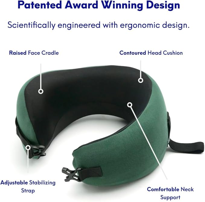 C CUSHION LAB Travel Pillow, Award-Winning Patented Ergonomic Design for Chin & Neck Support Memory Foam Neck Pillow, Compact Airplane Pillow for Traveling, Flight, Car (Hunter Green, Medium)