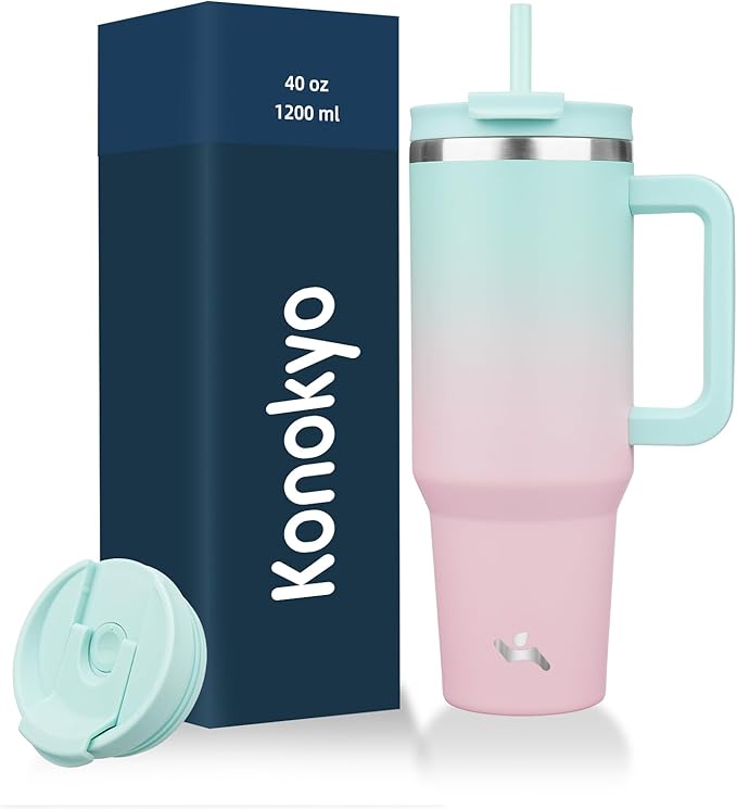 40 oz Tumbler with Handle and 2 Straws,2 in 1 Lid Insulated Water Bottle Stainless Steel Travel Coffee Mug,Gum