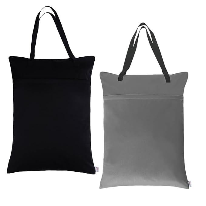 ALVABABY 2 Pack Large Wet Dry Bag Waterproof Hanging Cloth Diaper with Double Zippered Pockets 25x18 inches (Black and grey)