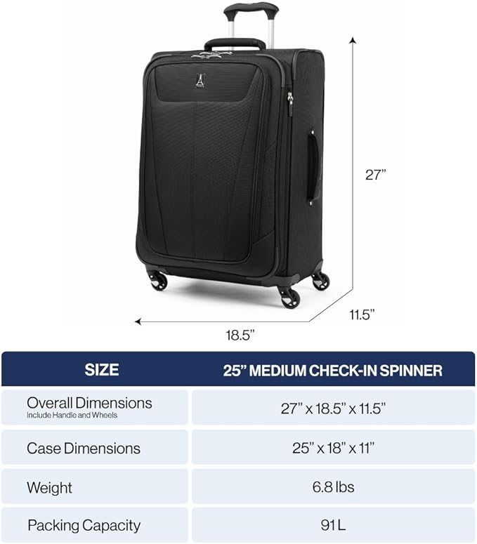 Travelpro Maxlite 5 Softside Expandable Checked Luggage with 4 Spinner Wheels, Lightweight Suitcase, Men and Women, Slate Green, Checked Medium 25-Inch