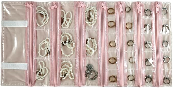 Travel Jewelry Roll Bag Portable Organizer Pouch With Grids&PVC Cover Storage Bags for Necklace, Bracelet, Bracelet,Ring, Badge, Pendant