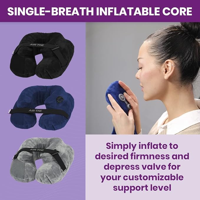 Cabeau Inflatable Travel Pillow – Air TNE – Adjustable, Lightweight, and Supportive for Sleeping on Airplanes, Trains, and Cars– Customized Fit and Compact Carrying Case (Slate Grey)