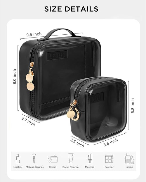 2pcs Clear Toiletry Bag TSA Approved Travel Bag,Carry On for Travel,Airport Airline Accessories Compliant Bag,Quart Sized Makeup Cosmetic bag Women Men (Large+Mini Black)