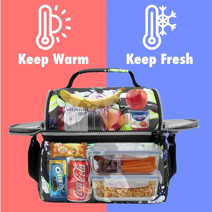 opux Lunch Bag Women Insulated, Adult Lunch Box Cooler, Flower Lunch Box, Dual Compartment Lunchbox for Work, Leakproof Double Decker Lunch Bag, Soft Lunch Pail Tote Girls Kids School, Floral Gray