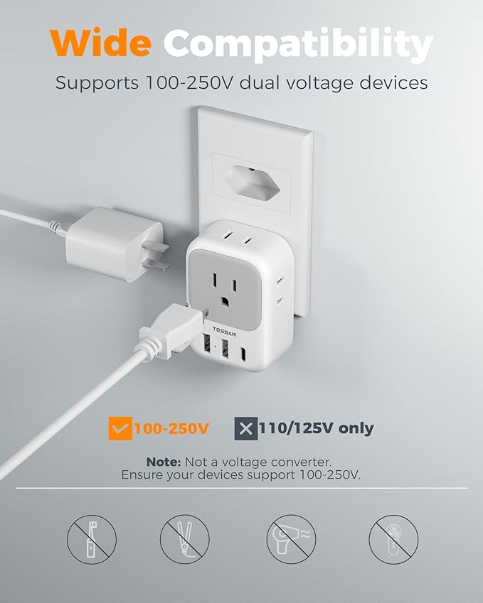 TESSAN Brazil Plug Adapter 2 Pack, 7 in 1 US to Brazil Power Adapter with 3 USB Ports (1 USB-C Port) 4 American Outlets, Type N Travel Adaptor for USA to Brazilian