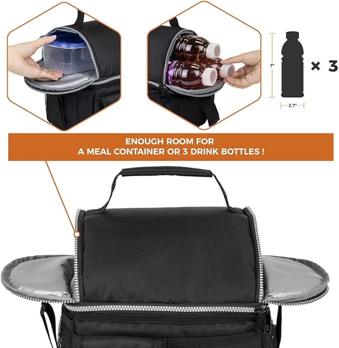 opux Lunch Box for Men, Adult Lunch Box Cooler, Insulated Lunch Bag Women, Dual Compartment Lunchbox for Work, Leakproof Double Decker Lunch Bag, Soft Lunch Pail Tote Boys Girls Kids School, Black