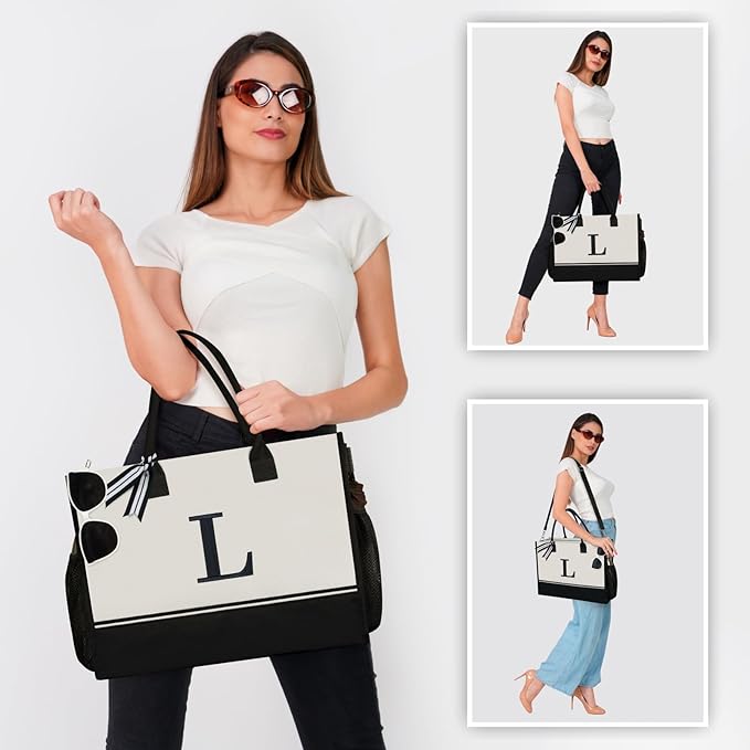 TOPDesign Personalized Initial Canvas Tote Bag, for Wedding, Birthday, Beach, Perfect Gifts for Women, Mom, Teachers, Friends