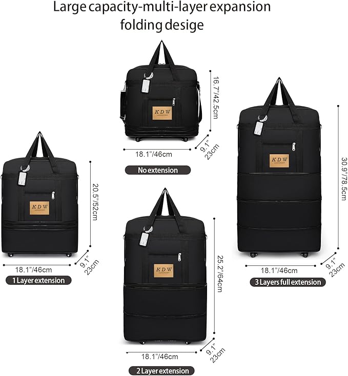 Foldable Travel Bag with Wheels, Extendable Tote Bag, Roller Expandable Luggage Compartment, Large Capacity Lightweight Luggage Bag, Waterproof for Men and Women(Black)
