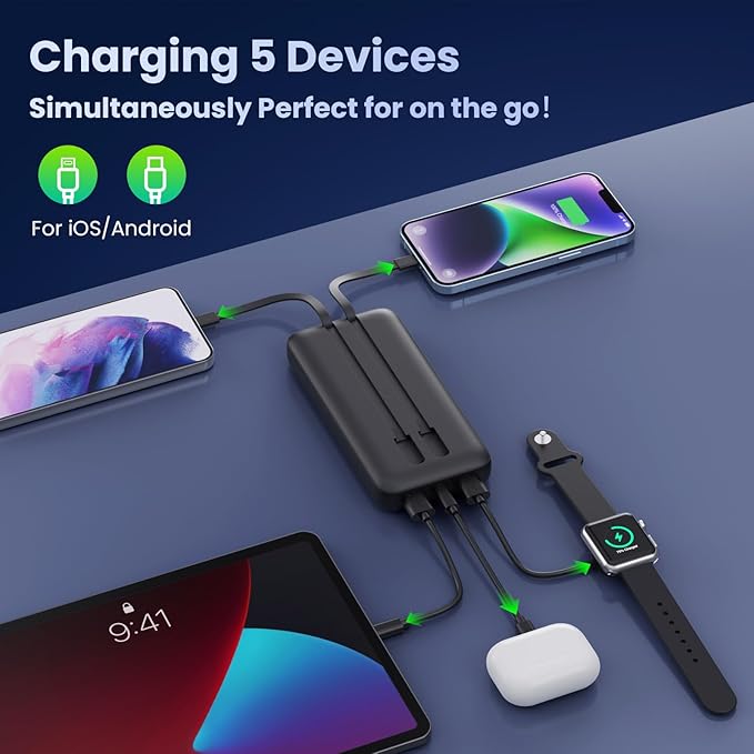 Portable Charger 40,800mAh Power Bank, 25W PD QC 4.0 Fast Charging Portable Phone Charger with Built-in Cables,LCD Display USB C Battery Pack Compatible with iPhone 16/15/14,Android Samsung (Black)
