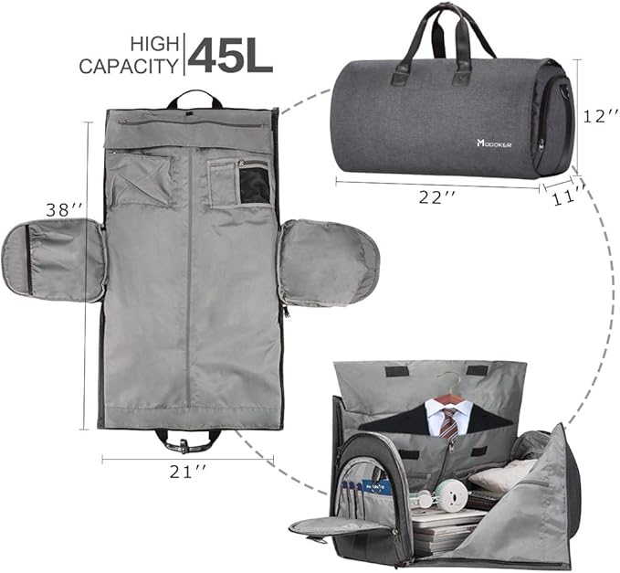 Convertible Garment Bag with Shoulder Strap, Modoker Carry on Garment Duffel Bag for Men Women - 2 in 1 Hanging Suitcase Suit Travel Bags (Black)