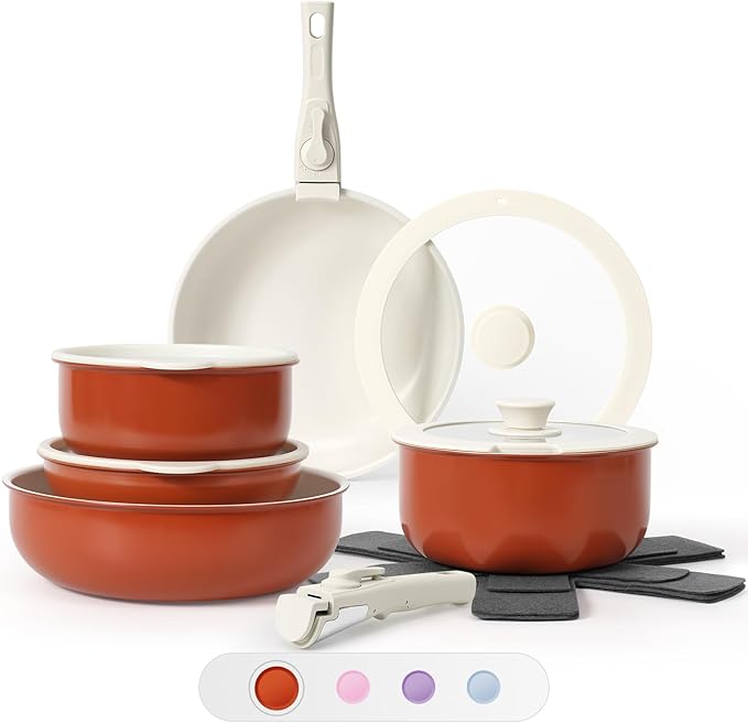 15Pcs Pots and Pans Set Non Stick, Cookware Sets with Detachable Handle, Nonstick RV Kitchen Cooking Tools Removable Handles, Oven Safe, Induction Fast, Stackable Induction Cookware, Tangerine