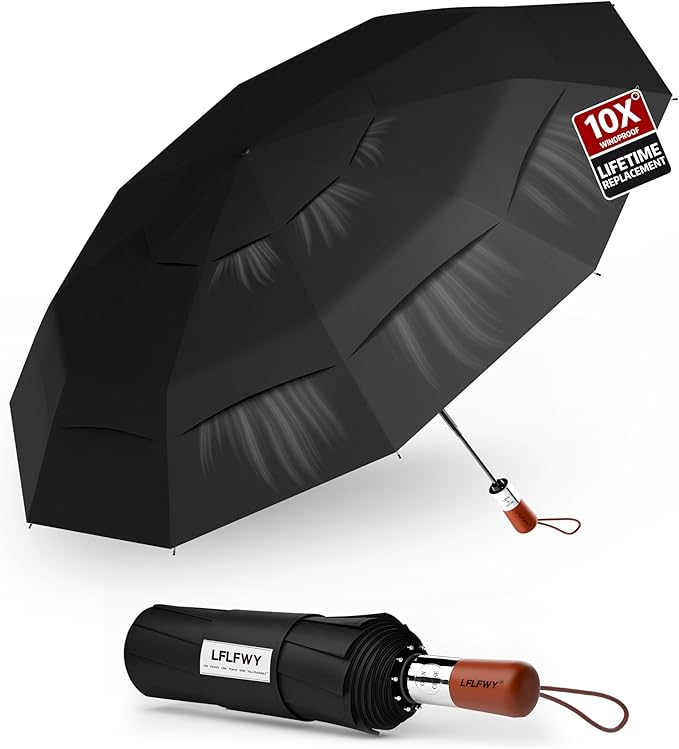 3T Wind Armor Travel Umbrella Compact Easy Auto Open Close Folding Umbrellas for Rain Windproof Umbrella for Women and Men Durable Real Wood Handle Portable Fits Backpack Car