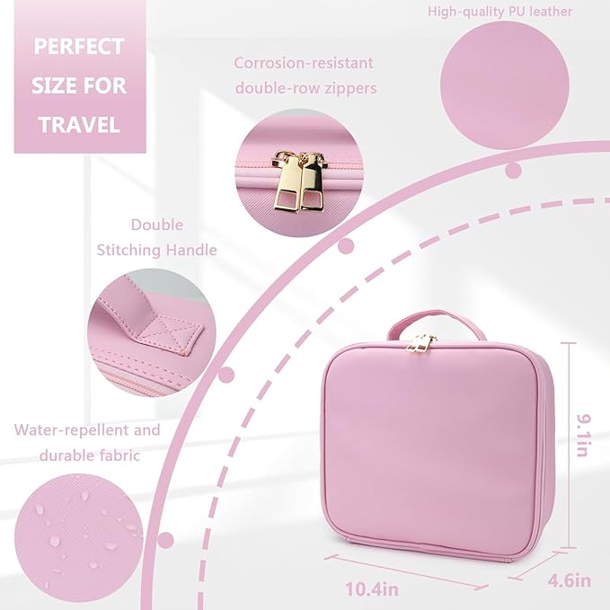 Travel Makeup Bag for Women and Makeup Artists Cosmetic Organizer Large Makeup Case,Travel Makeup Bag with Mirror 3 Color Setting,Portable Storage and Adjustable Dividers(Light Pink)