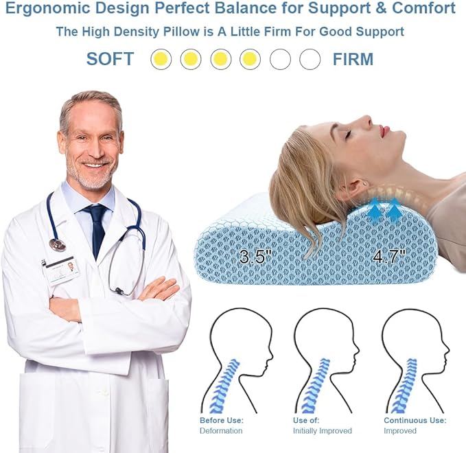 Anvo Memory Foam Pillow, Neck Contour Cervical Orthopedic Bed Pillow for Sleeping Side Back Stomach Sleeper, Ergonomic Design for Neck and Shoulder Pain Relief, Blue White, Firm