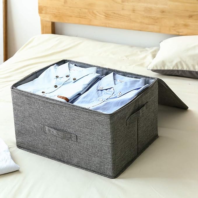ANMINY 3PCS Storage Bins with Zipper Lids 36 Qt Lidded Fabric Storage Boxes Baskets Cubes with Handles Collapsible Washable Cotton Linen Closet Shelf Clothes Organizer Containers - Gray, Large