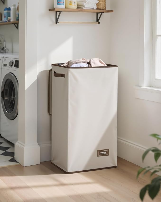 SOLEDI Laundry Hamper with Lid 100L Large & Tall Collapsible Laundry Basket, Clothes Hamper with Bag Removable Easy to Carry, Dirty Hampers for Bedroom, Bathroom, Dorm, College, Off-White