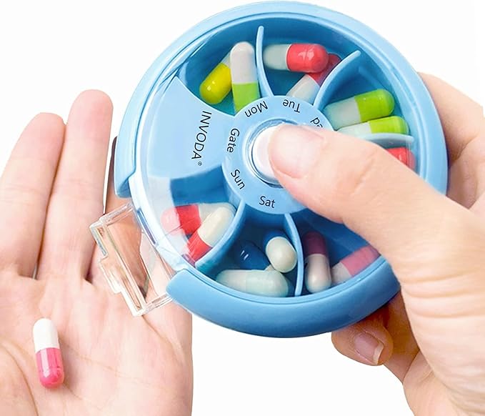 12PCS INVODA Weekly Pill Organizer 7 Compartment Rotating Pill Box for Daily Medication & Vitamins - Portable Travel Pill Case Fish Oil Supplements Vitamins Organizer