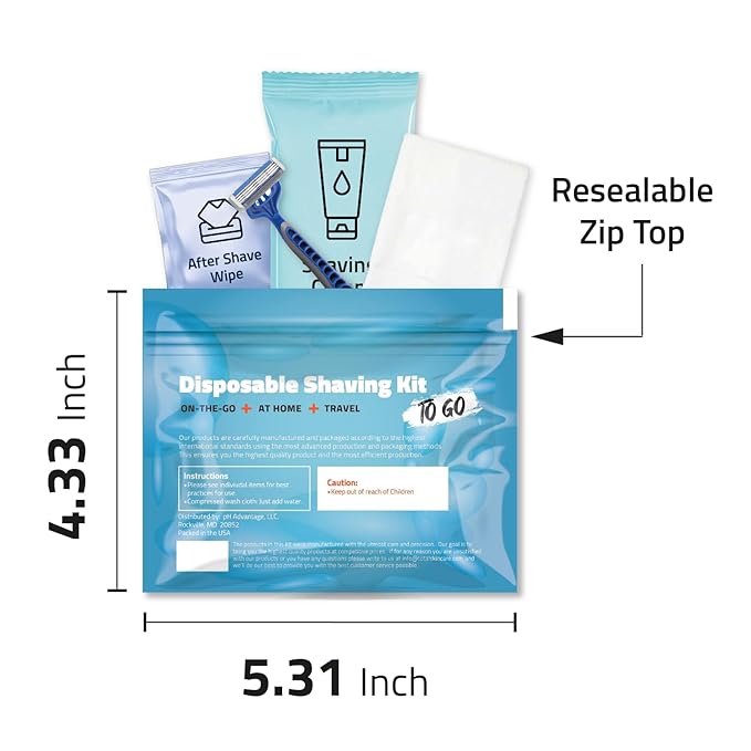 Shaving Kit with Razor, Shaving Cream, Washcloth & Aftershave Wipe – Men’s Travel Shave Set for Hotels, Shelters & Outreach – Disposable Grooming Pack (Blue) (1)