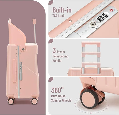 22'' Hardside Ride-On Suitcase with Seat for Kids & Adults – Travel Luggage with 360° Spinner Wheels, Lockable TSA Lock & Seat Belts, Foldable Stool for Airport Waiting