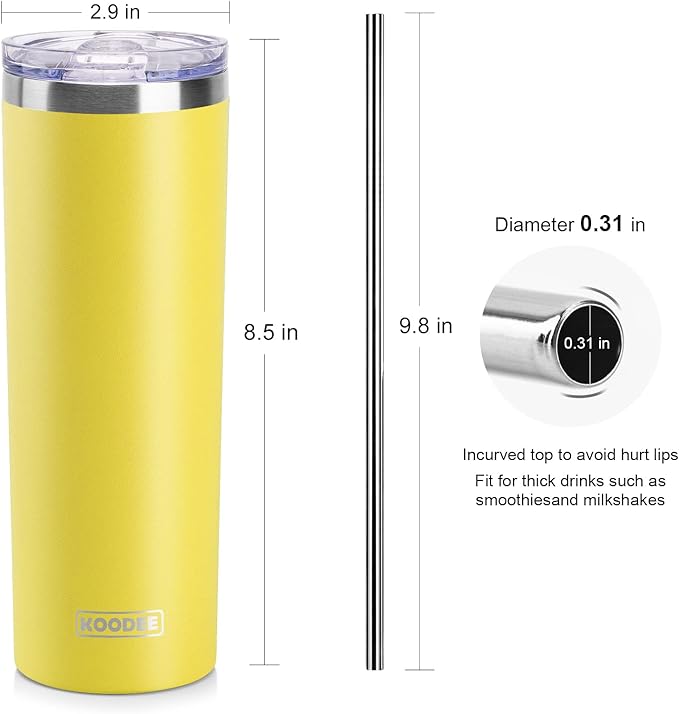 koodee 20 oz Tumbler with Lid and Straw -4 Pack Insulated Skinny Tumblers Stainless Steel Double Wall Water Cup (Yellow/Teal/Sky Blue/Wine Red)