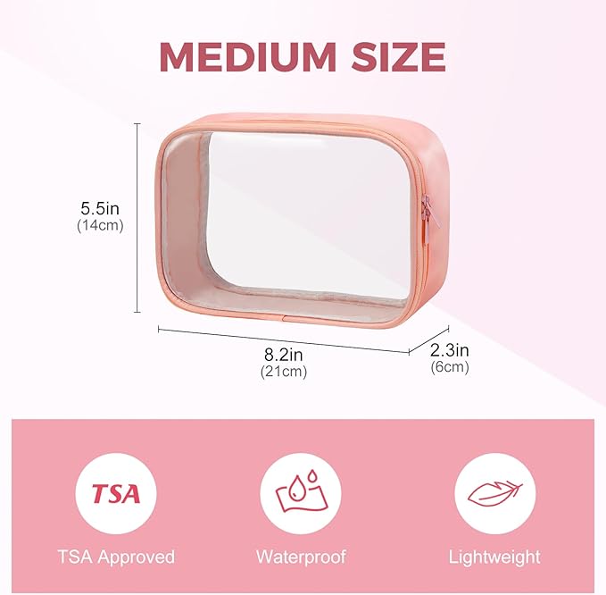 Moyad TSA Approved Clear Toiletry Bag, 3 Pack Quart Size 3-1-1 Liquids Pouch for Travel, Transparent Makeup & Cosmetic Organizer for Women Men, Peach Pink