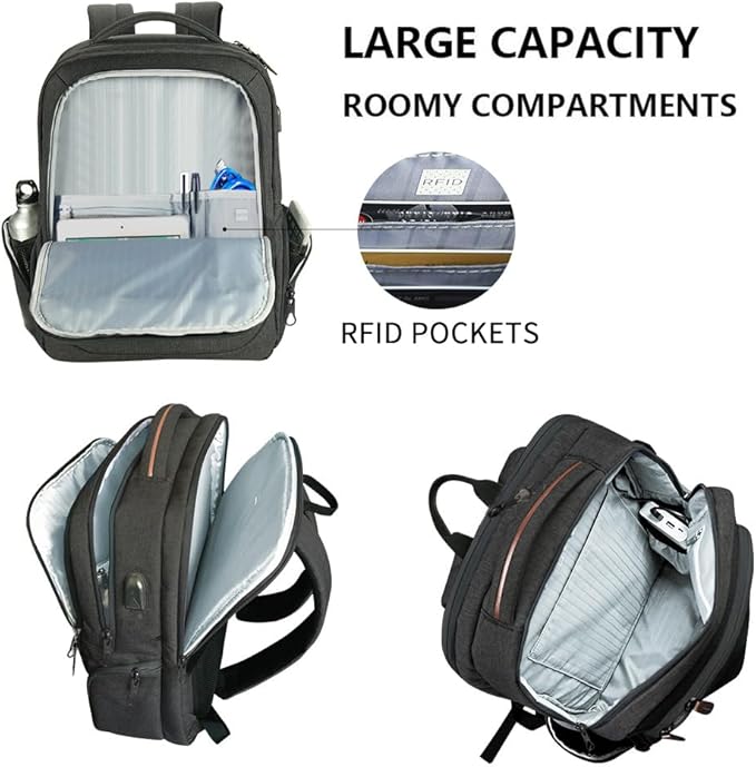 KROSER Laptop Backpack Large Computer Backpack Fits up to 17.3 Inch Laptop with USB Charging Port Water-Repellent Travel Backpack Casual Daypack for Business/College/Women/Men-Charcoal Black