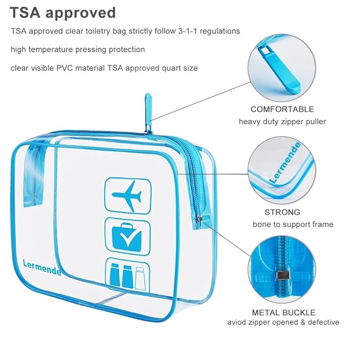 Lermende 2pcs Clear Toiletry Bag TSA Approved Travel Bag,Carry On for Travel,Airport Airline Accessories Compliant Bag,Quart Sized Makeup Cosmetic bag Women Men (Blue, 2 Pack)