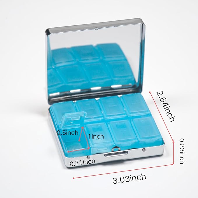 Silver Vintage Pill Box 7 Day Metal Pill Box with Mirror and 8 Compartments Cute Travel Pill Organizer for Purse (Watercolor Highland Cow)